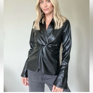 SIX/FIFTY Black‎ Glamour Top, V neck Longsleeve Faux Leather size small New